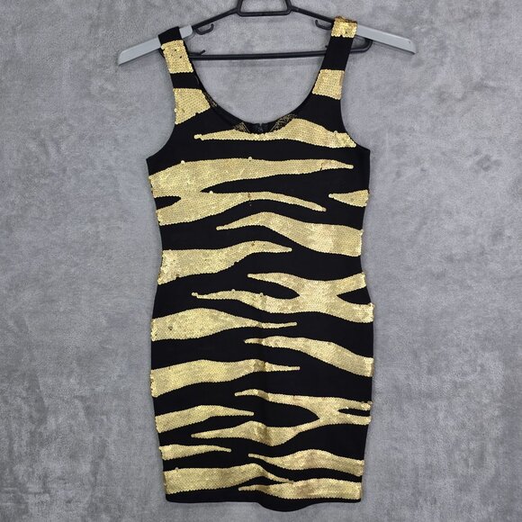 Womens Outlander Evening Gold & Black Sequin Zebra Print Bodycon Dress Size S - Picture 2 of 9
